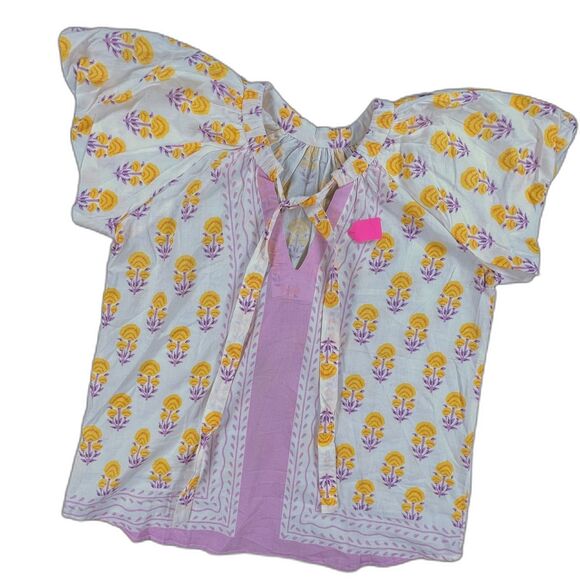 Tops - Ivy Jane Border Block Print Blouse Designer Sample M Yellow Purple Cotton Top